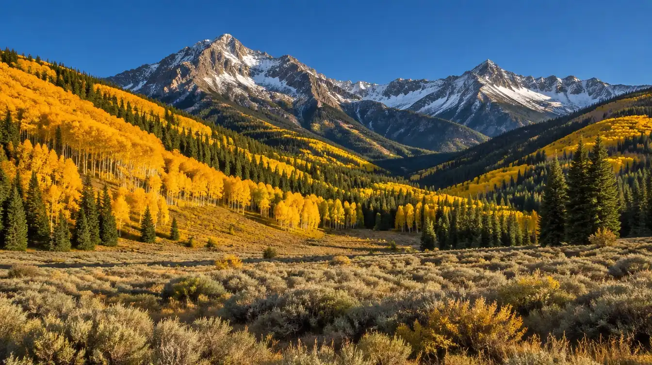 Autumn aspen trees in gold, a sage meadow and a snowy mountain range in a Colorado valley
