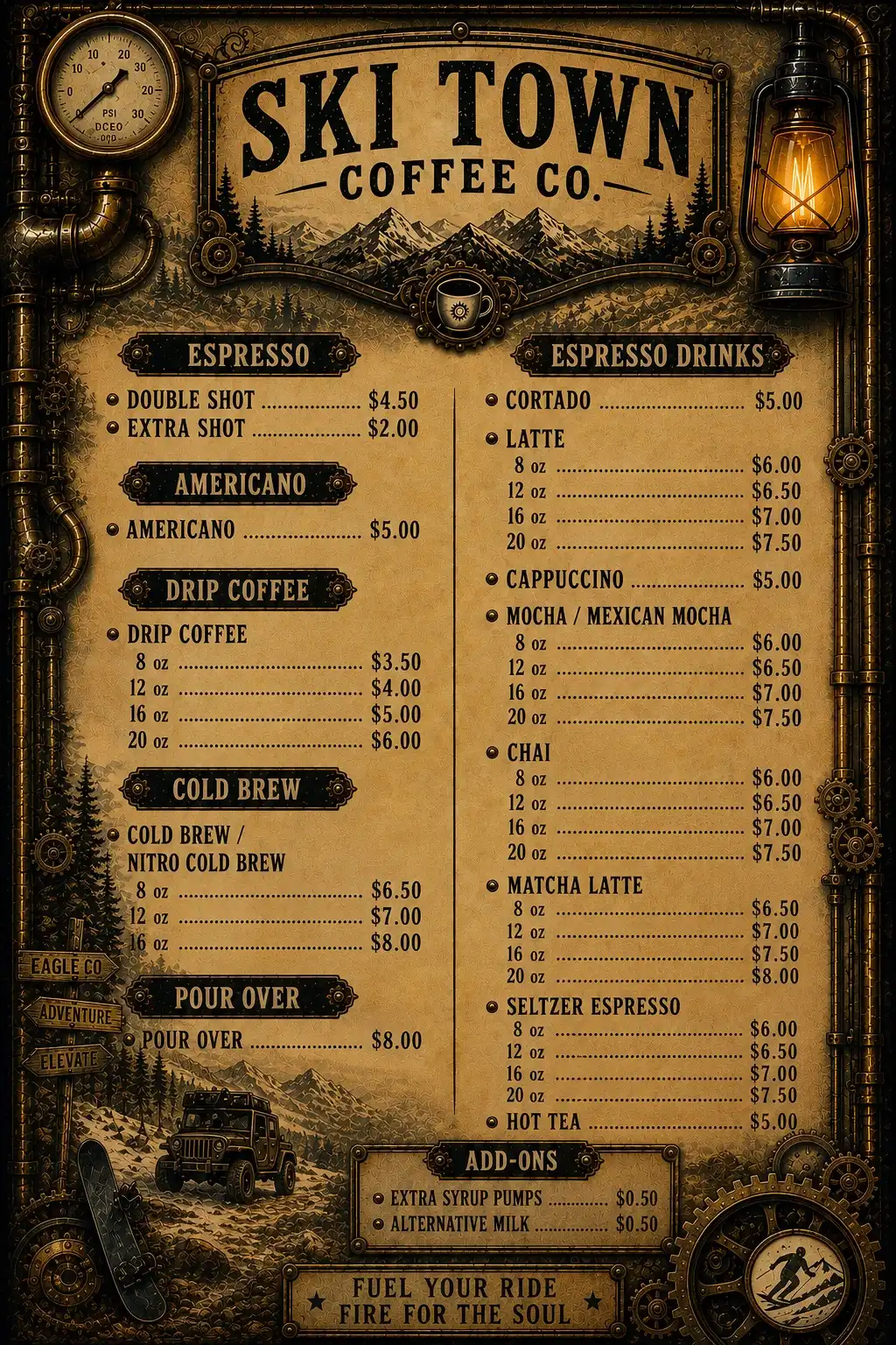 Ski Town Coffee menu board, espresso and coffee prices