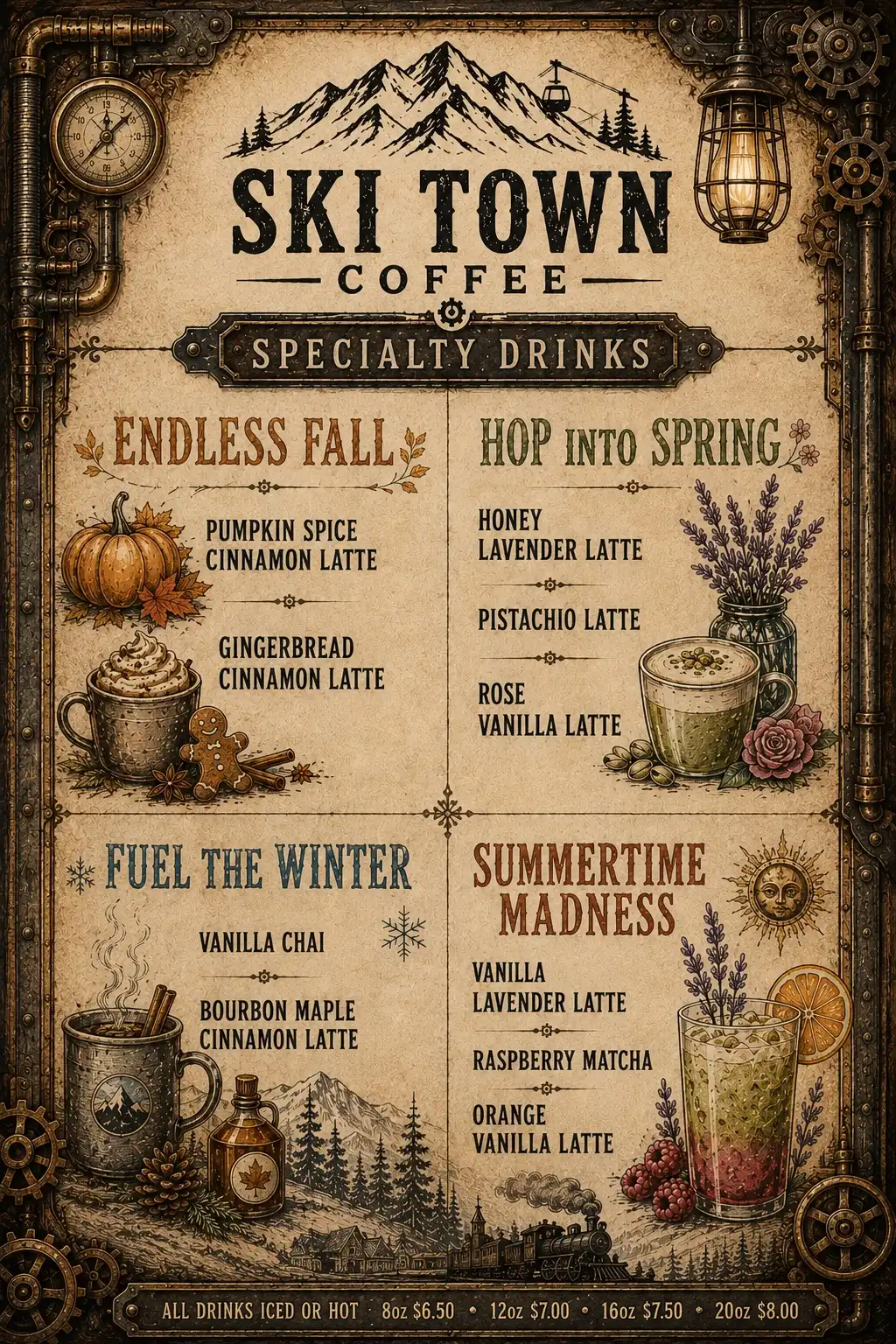 Ski Town Coffee menu board, specialty drinks by season