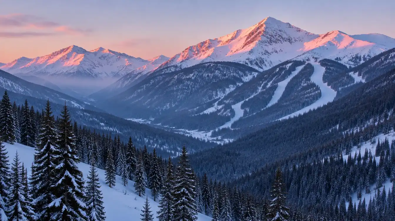 Snowy Colorado mountain valley at sunrise